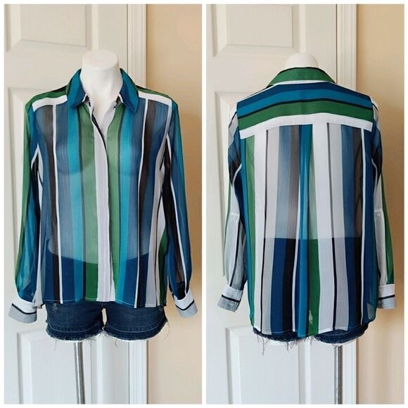 INC sheer striped button up blouse sz M - Picture 5 of 9